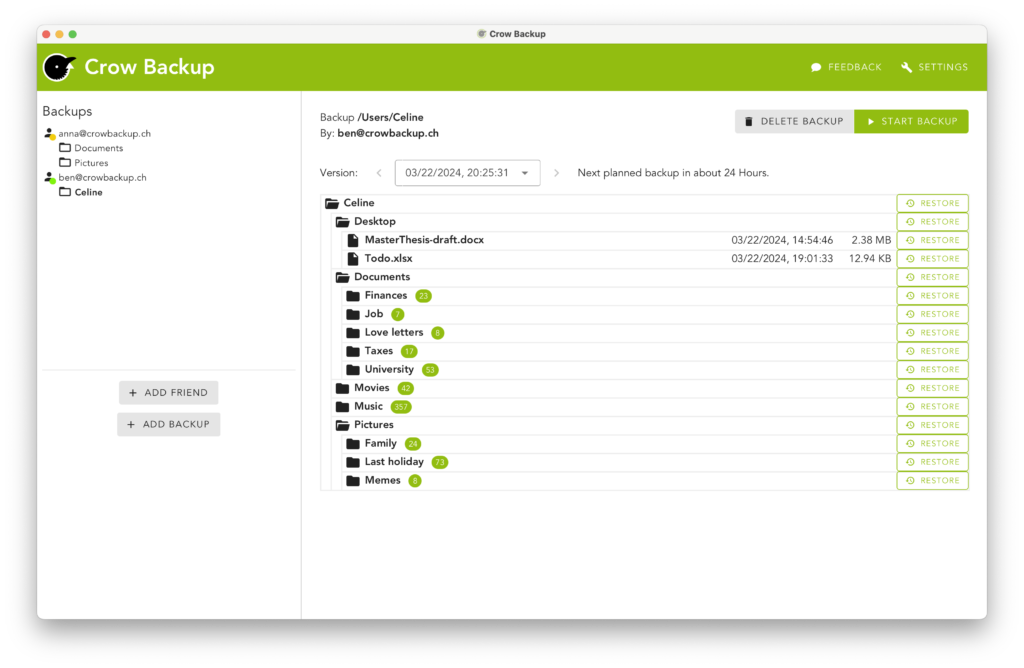 Crow Backup showing a file restore dialog.