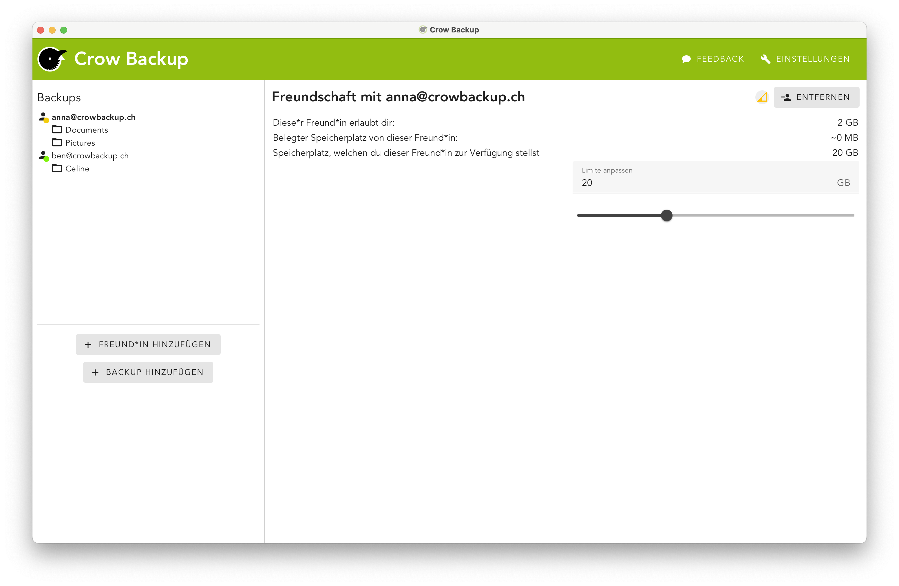 Crow Backup Screenshot: Freundschafts-Uebersicht